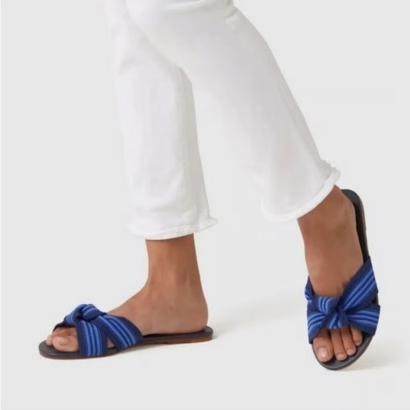 Rothy’s Hemp The Knot Stripe Navy Blue Cobalt Flat Sandal Slide Womens 8 - Picture 1 of 5